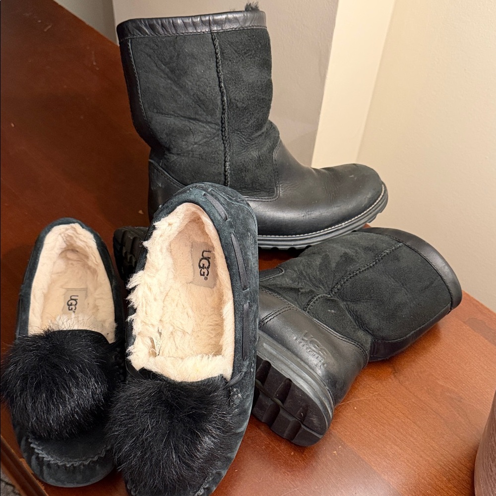 UGG Women's Black Winter Boots & Black leather house shoes UGG$